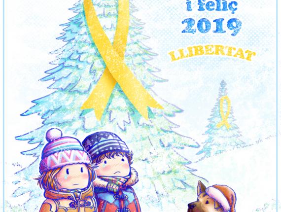 Bon Nadal Feliz Navidad Merry Christmas nen nena niño niña kids boy girl gos perro dog llaç groc llibertat