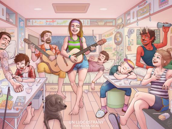 Un Lloc Estrany personatges personajes characters amics amigos friends noia chica girl home hombre man color digital noi dimoni chico demonio devil boy gos perro dog animals animales guitarra guitar música music