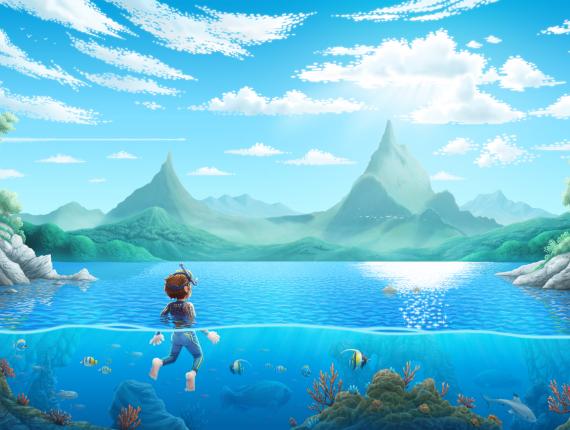 paisatge paisaje landscape fons marí fondo marino seabed peixos peces fish tauró tiburón shark noia chica girl mar sea cel cielo sky núvols nubes clouds