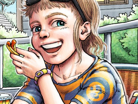 Un Lloc Estrany personatge personaje character noia chica girl home hombre man color digital parella pareja couple terrassa terraza terrace menjar ràpid comida rápida fast food