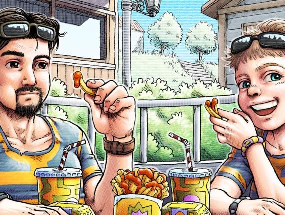 Un Lloc Estrany personatge personaje character noia chica girl home hombre man color digital parella pareja couple terrassa terraza terrace menjar ràpid comida rápida fast food