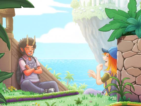 Un Lloc Estrany personatges personajes characters amics amigos friends noia chica girl color digital noi dimoni chico demonio devil boy animals animales tortuga turtle mona mono monkey lemur paisatge paisaje landscape castell en runes castillo en ruinas castle in rubble