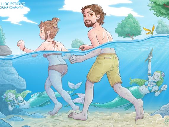 Un Lloc Estrany personatges personajes characters amics amigos friends noia chica girl home hombre man sirena mermaid parella pareja couple color digital riu río river llac lago lake sota l'aigua bajo el agua under water