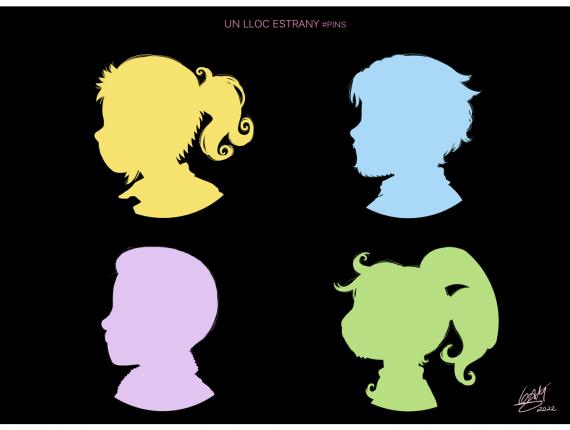 Un Lloc Estrany personatges personajes characters amics amigos friends noia chica girl home hombre man color digital noia conill chica conejo girl rabbit pin chapas pin badges