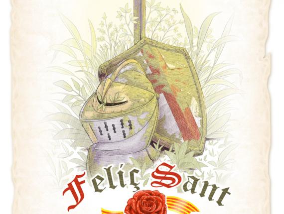 Sant Jordi rosa rose escut escudo shield espasa espada sword casc casco helmet