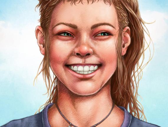 un lloc estrany cara face retrat retrato portrait somriure sonrisa smile personatge personaje character noia chica girl mig cabell rapat medio pelo rapado half shaved hair penjoll colgante pendant