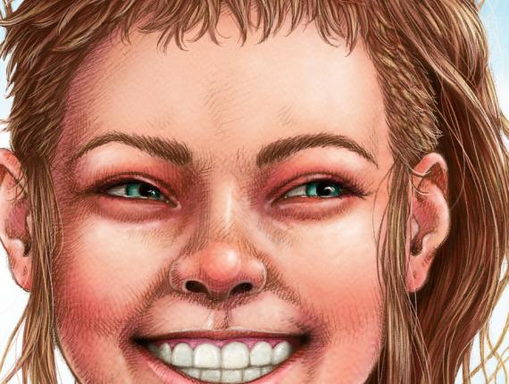 un lloc estrany cara face retrat retrato portrait somriure sonrisa smile personatge personaje character noia chica girl mig cabell rapat medio pelo rapado half shaved hair penjoll colgante pendant