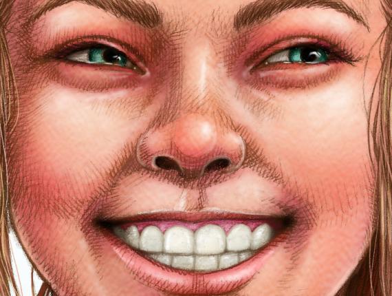 un lloc estrany cara face retrat retrato portrait somriure sonrisa smile personatge personaje character noia chica girl mig cabell rapat medio pelo rapado half shaved hair penjoll colgante pendant