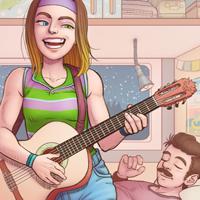 Detall Musical Un Lloc Estrany personatges personajes characters amics amigos friends noia chica girl home hombre man color digital noi dimoni chico demonio devil boy gos perro dog animals animales guitarra guitar música music